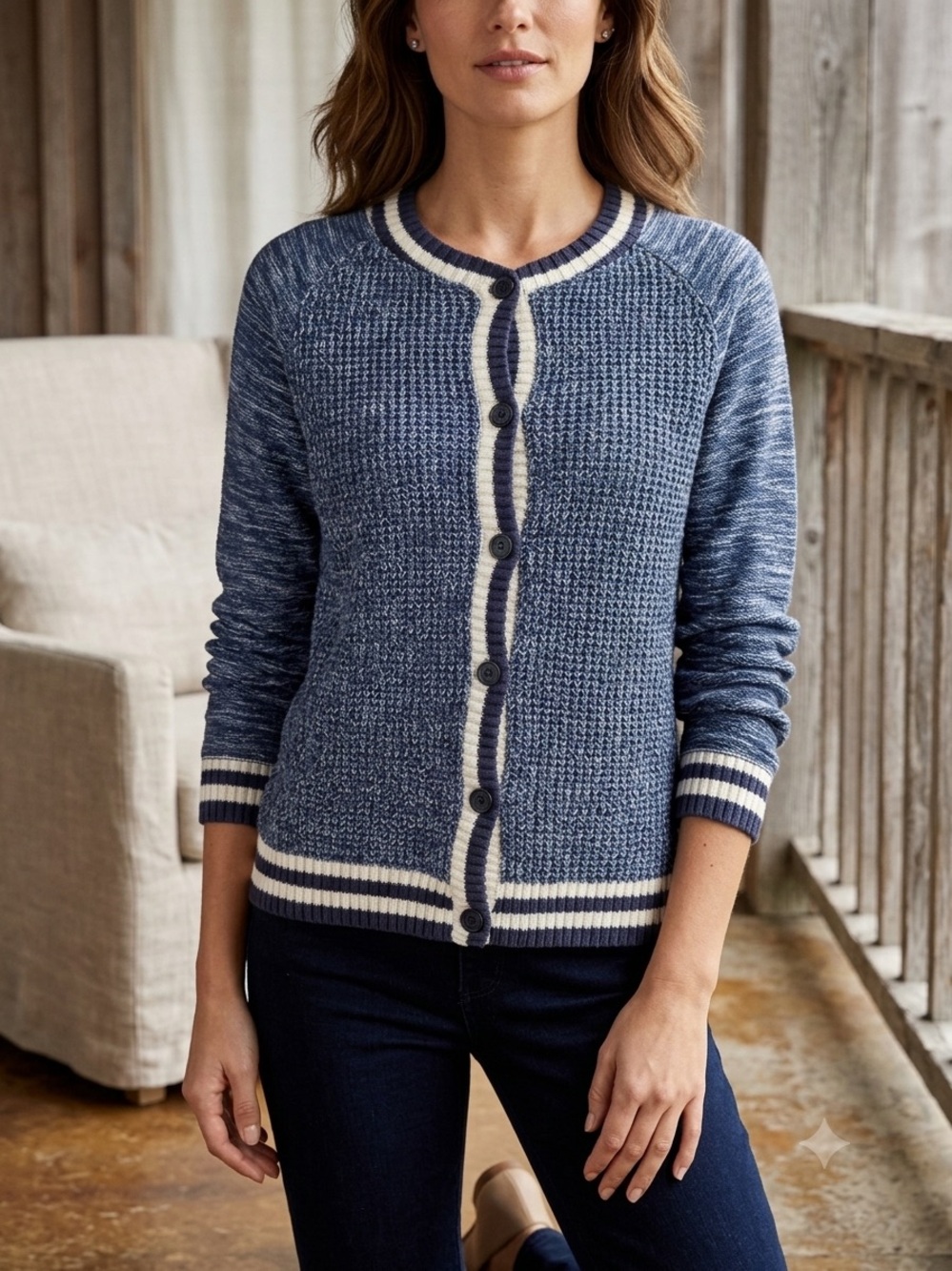 Joe Fresh Varsity Stripe Waffle Knit Cardigan Blue Large Coastal Nautical